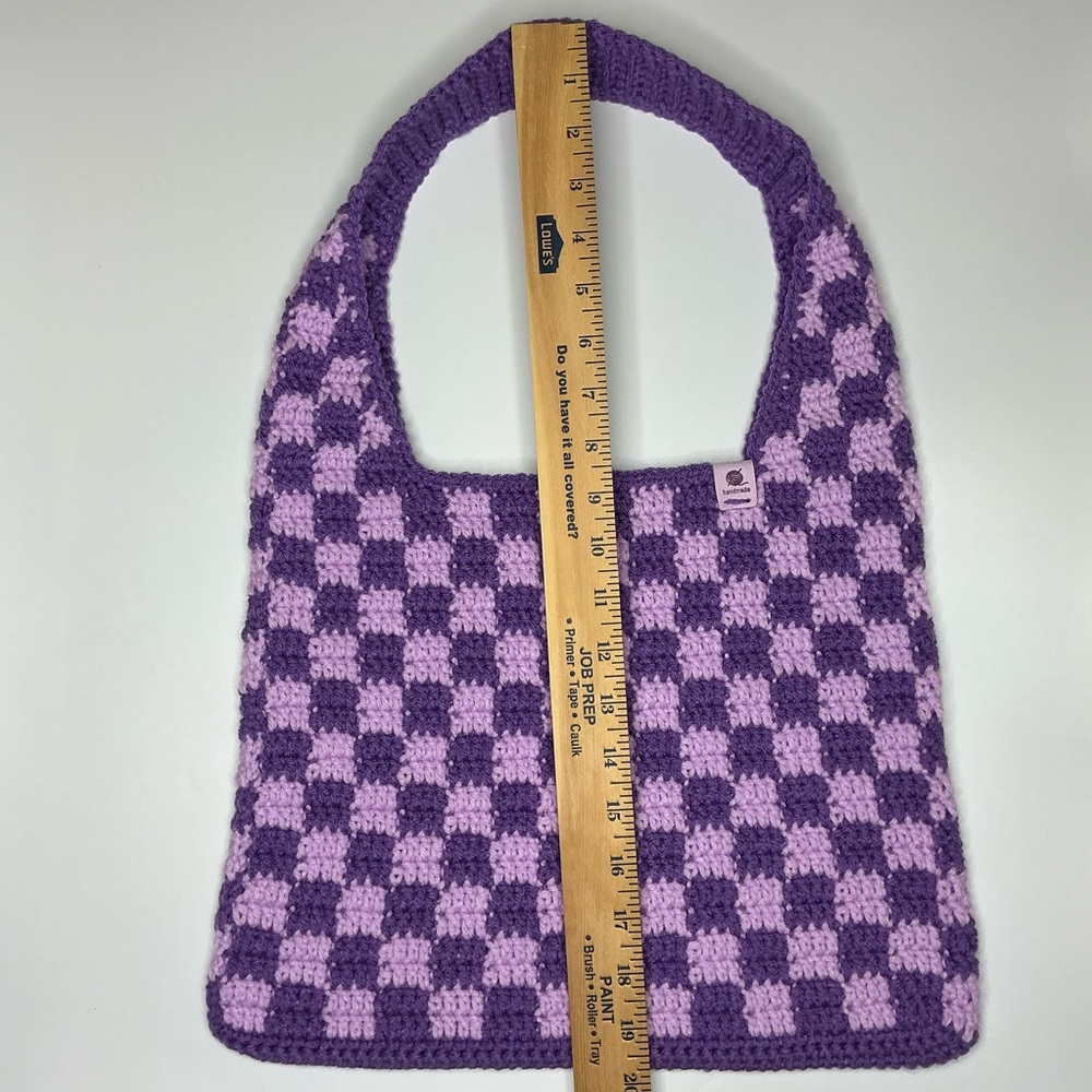 Handmade Amethyst & Soft Purple Checker Checkerboard Crochet Shoulder Tote Bag - Picture 4 of 16